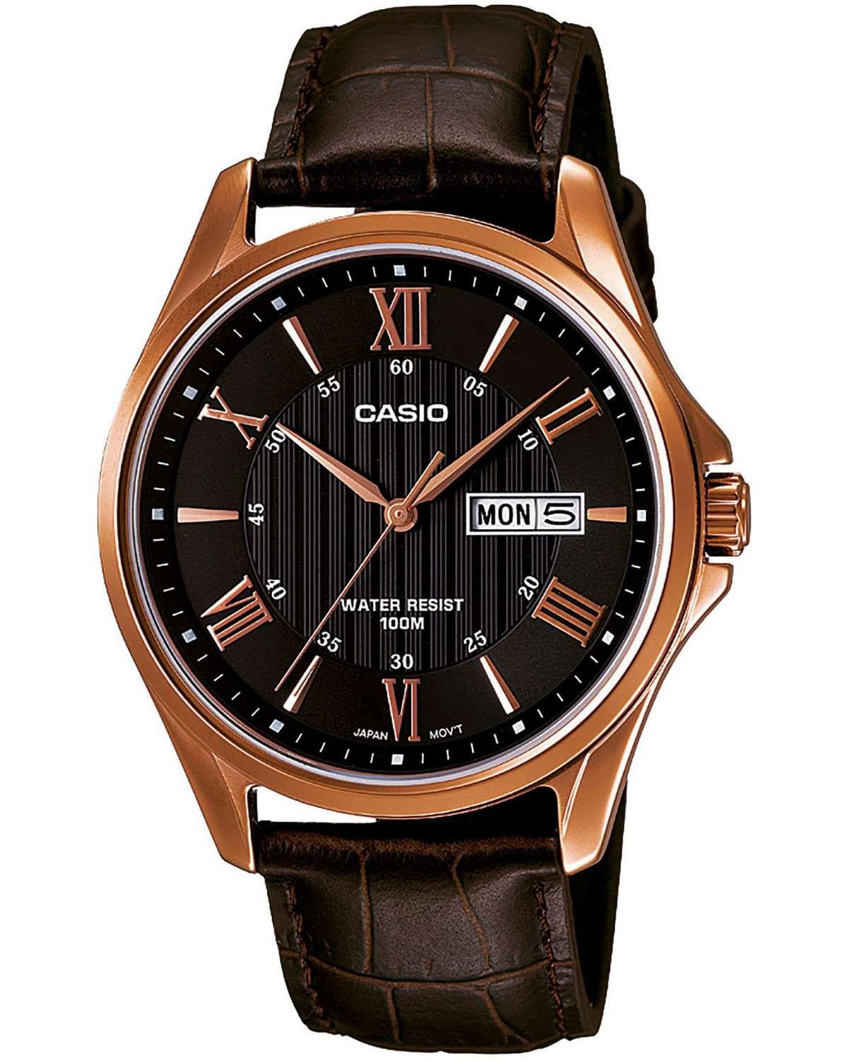 CASIO Collection - MTP-1384L-1AVEF, Rose Gold case with Brown Leather Strap