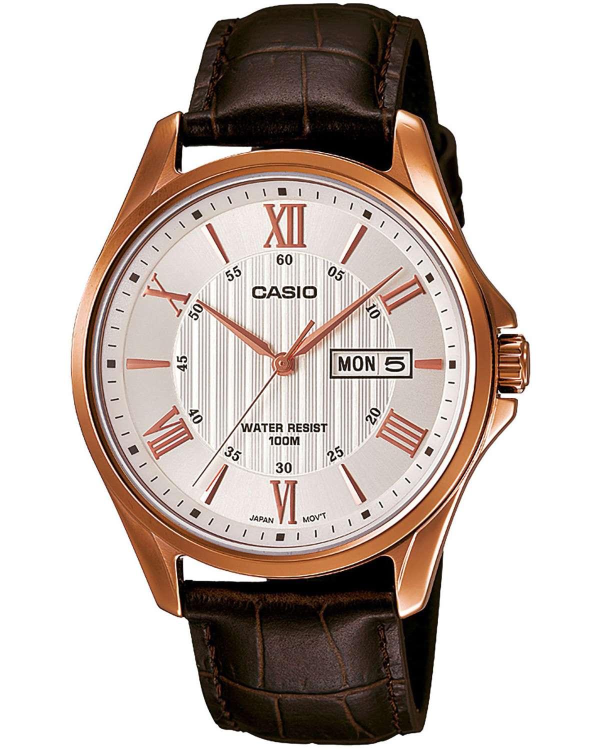 CASIO Collection - MTP-1384L-7AVEF, Rose Gold case with Brown Leather Strap