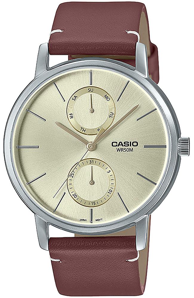 CASIO Collection MTPB310L9AVEF, Silver case with Brown Leather Strap