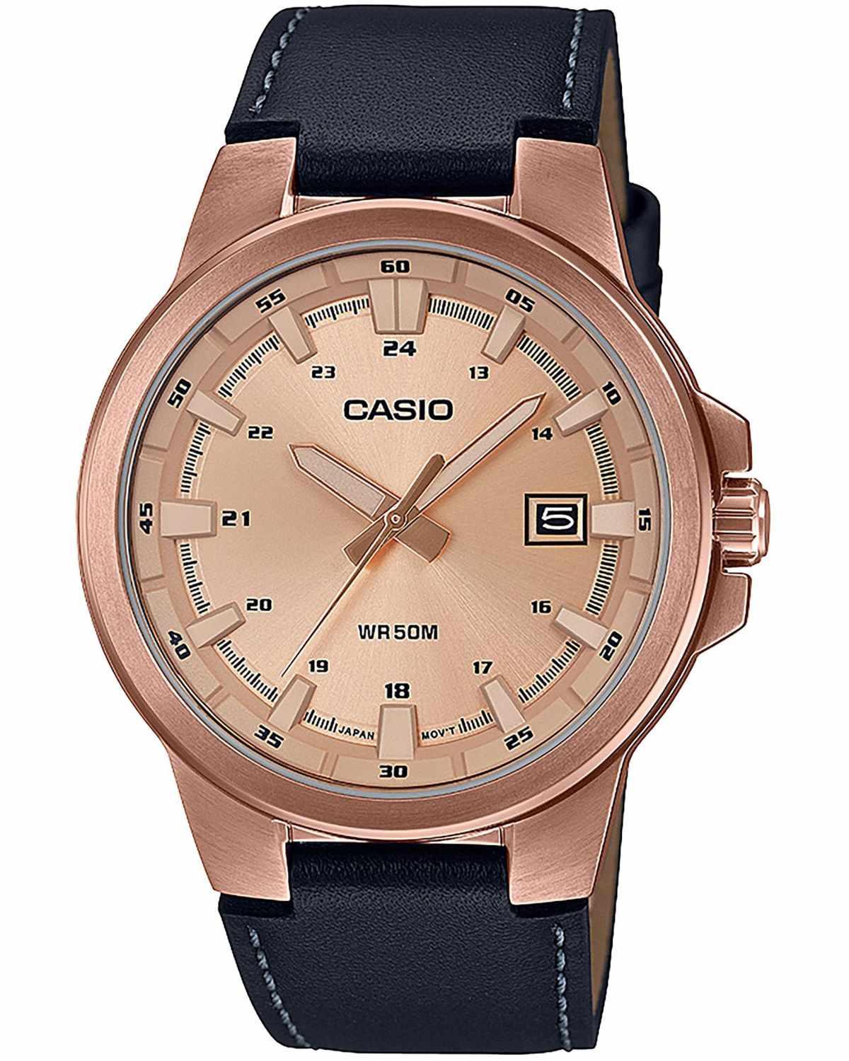 CASIO Enticer - MTP-E173RL-5AVEF, Rose Gold case with Black Leather Strap