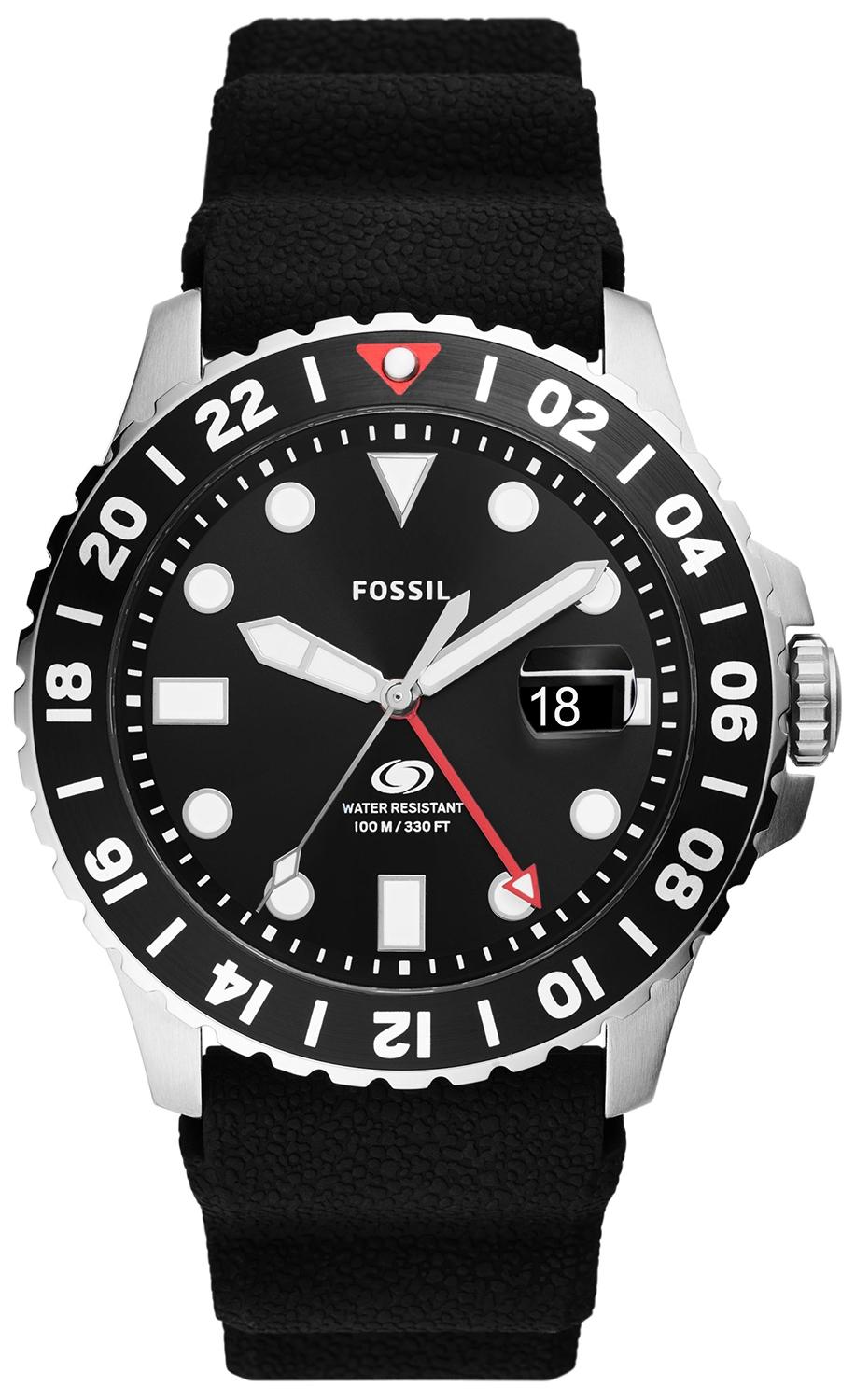Fossil Blue GMT - FS6036, Silver case with Black Rubber Strap