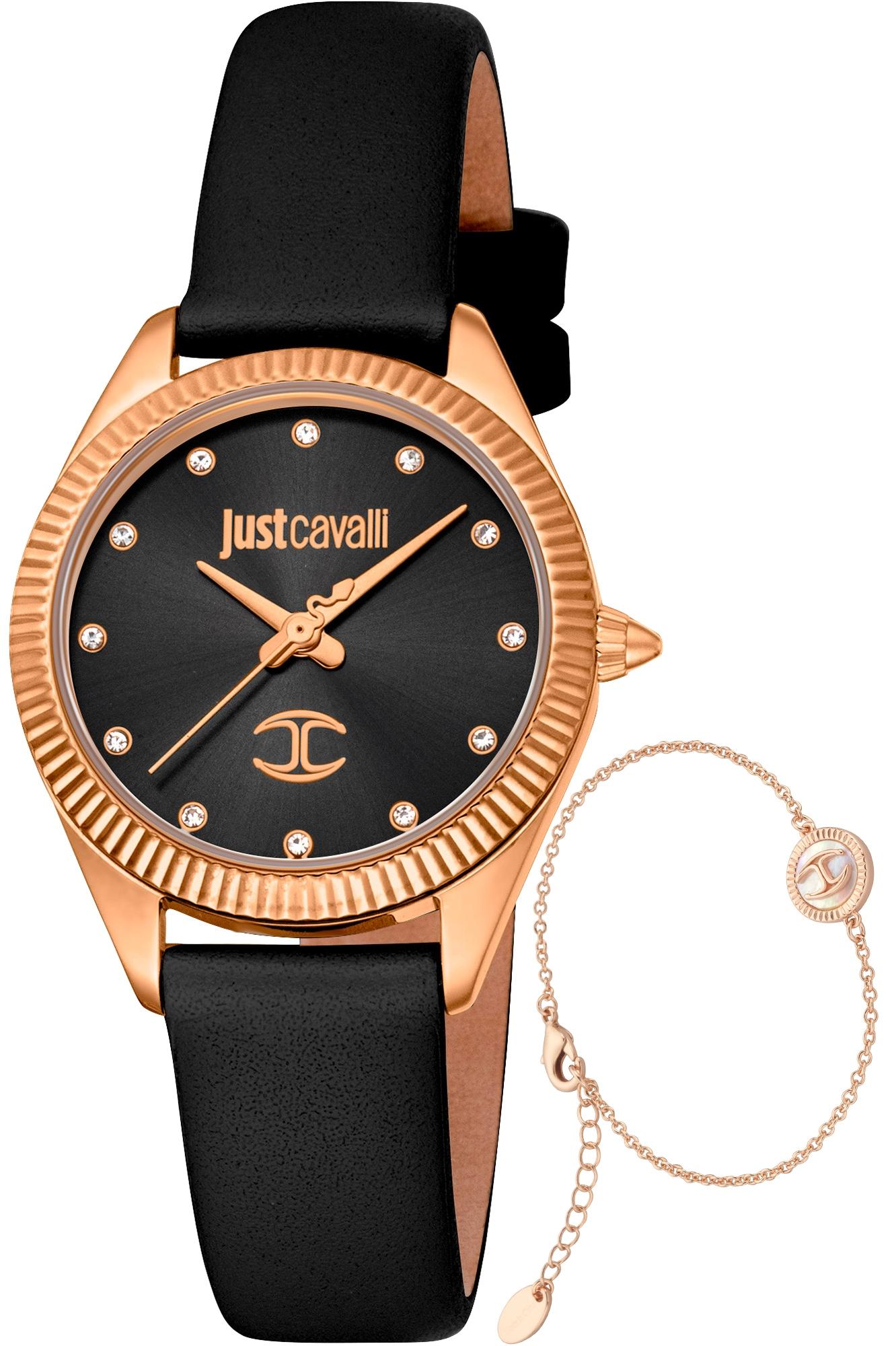JUST CAVALLI Ladies Gift Set - JC1L267L0035, Rose Gold case with Black Leather Strap