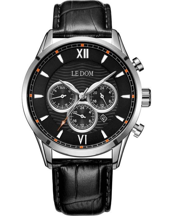 Le Dom LE DOM Aviator Dual Time - LD.1498-4, Silver case with Black Leather Strap