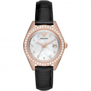 EMPORIO ARMANI Leo Crystals - AR11505, Rose Gold case with Black Leather Strap