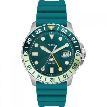 Fossil Blue GMT- FS5992, Silver case with Green Rubber Strap