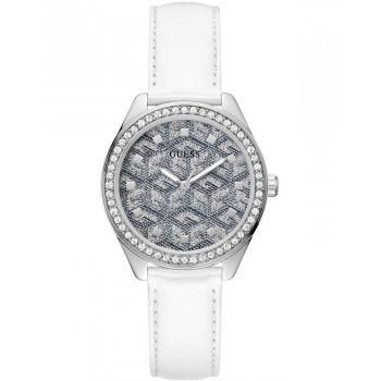 GUESS G Gloss Crystals - GW0608L1,  Silver case with White Leather Strap