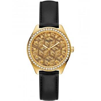 GUESS G Gloss Crystals - GW0608L2,  Gold case with Black Leather Strap