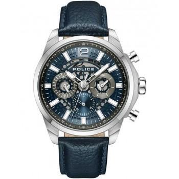POLICE Menelik - PEWJF0004302,  Silver case with Blue Leather Strap
