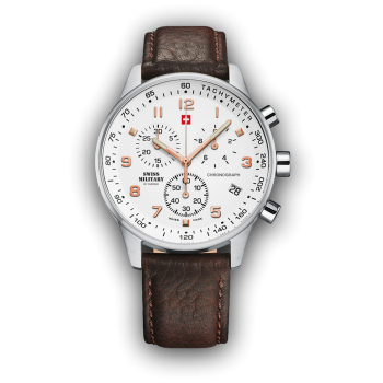 SWISS MILITARY by CHRONO Mens Chronograph - SM34012.11  Silver case with Brown Leather Strap
