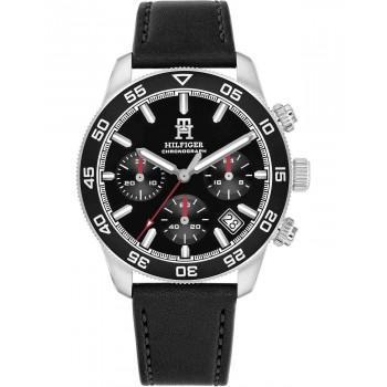TOMMY HILFIGER TH85 Chronograph - 1792162,  Silver case with Black Leather Strap