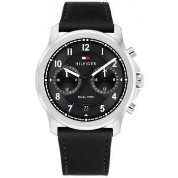 TOMMY HILFIGER Wesley Dual Time - 1710624,  Silver case with Black Leather Strap