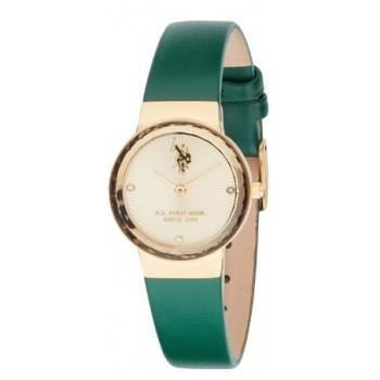 U.S. POLO Angelique - USP8256GR,  Gold case with Green Leather Strap